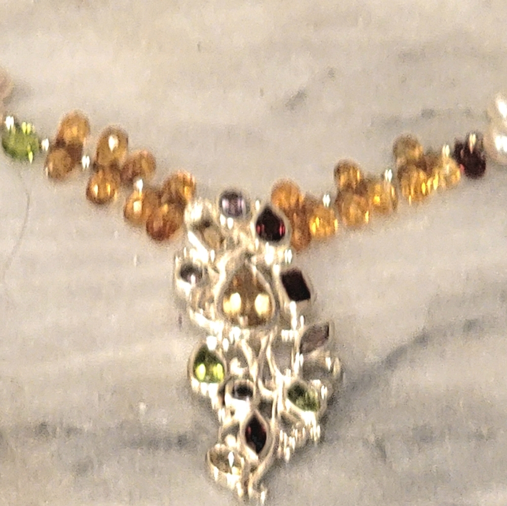 Artisan Saltwater Pearl Sterling Necklace Peridot Amethyst Garnet Citrine Iolite - Picture 3 of 8